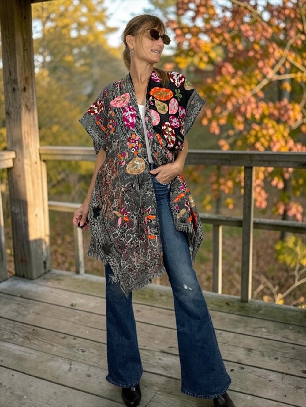 Soft Surroundings Embroidered Wool Shawl Kimono O/S One Size Leaf